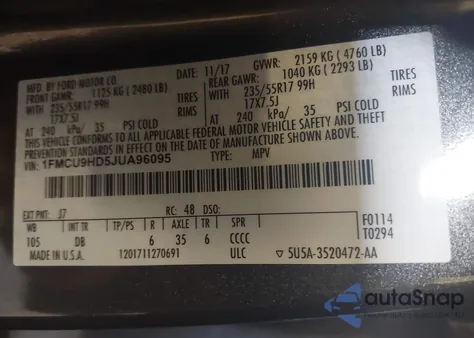 2018 Ford Escape Sel из США, поврежденный, VIN 1FMCU9HD5JUA96095